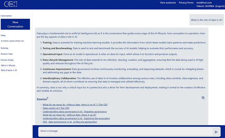 ODI Website Assistant showing answer to query about role of data in AI, including sources of information