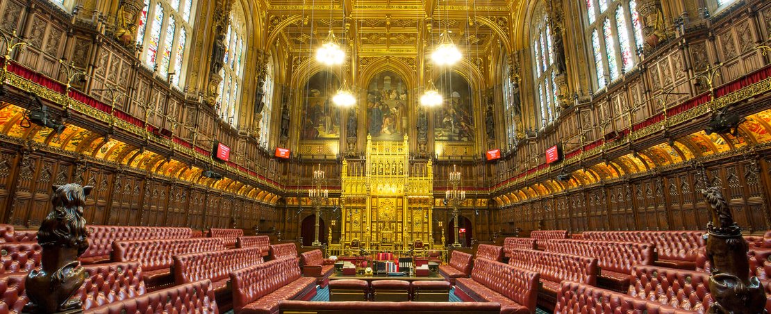 The House of Commons chamber, featuring rows of seats and a central podium, is depicted in a formal legislative setting.