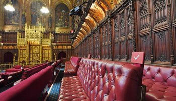 Red benches in the House of Lords, symbolising the seating arrangement for Lords during sessions.