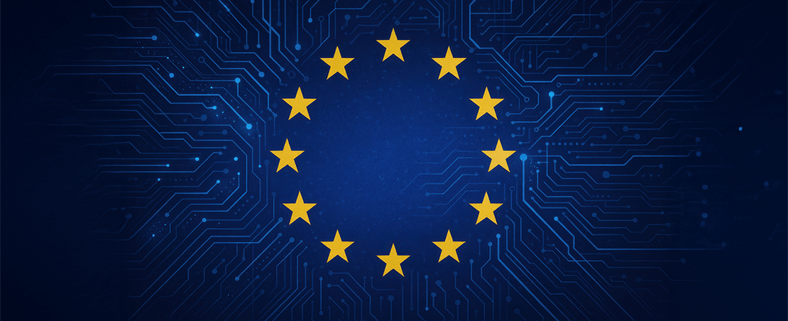 Conceptual image of the European Union flag with a superimposed, glowing network of interconnected data points and the text