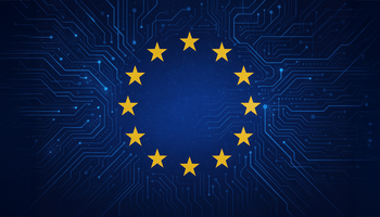 Conceptual image of the European Union flag with a superimposed, glowing network of interconnected data points and the text 