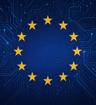 Conceptual image of the European Union flag with a superimposed, glowing network of interconnected data points and the text 