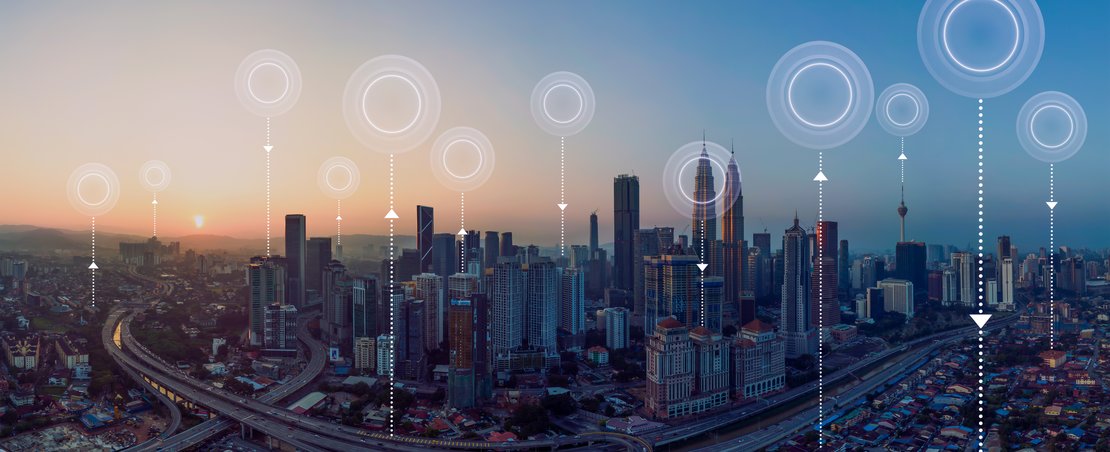 Panorama aerial view in the  cityscape skyline  with network connection concept , early morning sunrise scene .