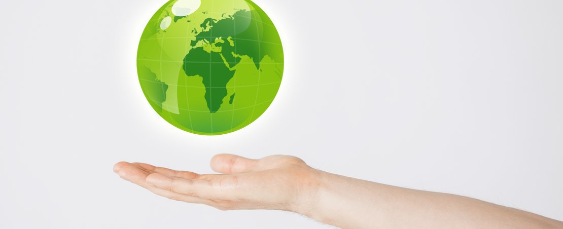 mans hand holding green globe