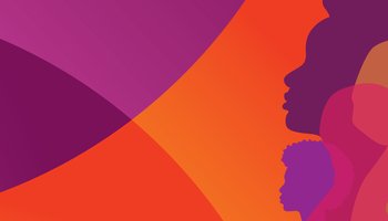 Colourful abstract graphic with silhouettes of four people overlaid on top
