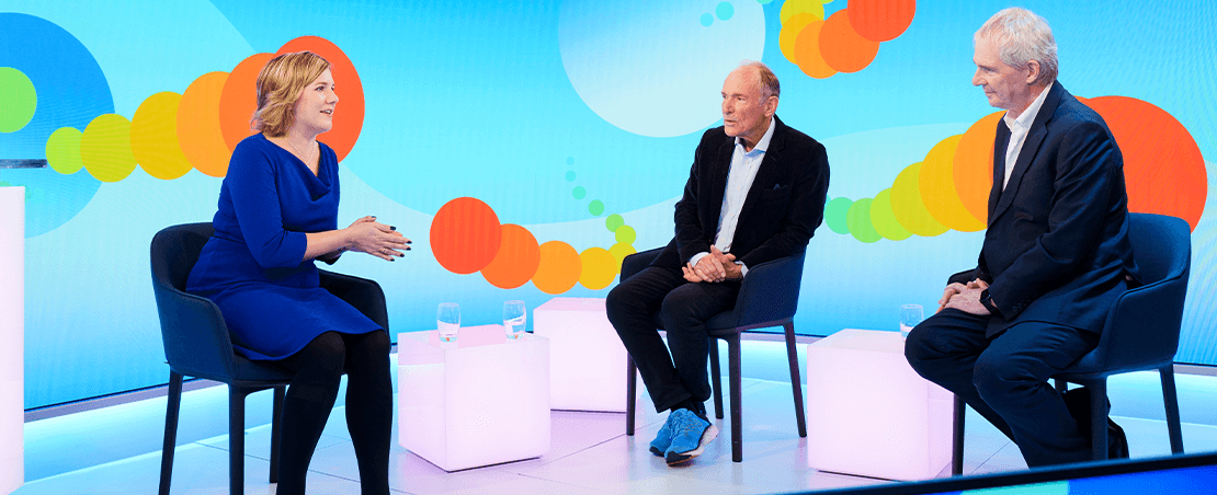 Charlotte Jee talking with Sir Nigel Shadbolt & Sir Tim Berners-Lee at the ODI Summit 2023 for the State of the Data Nation