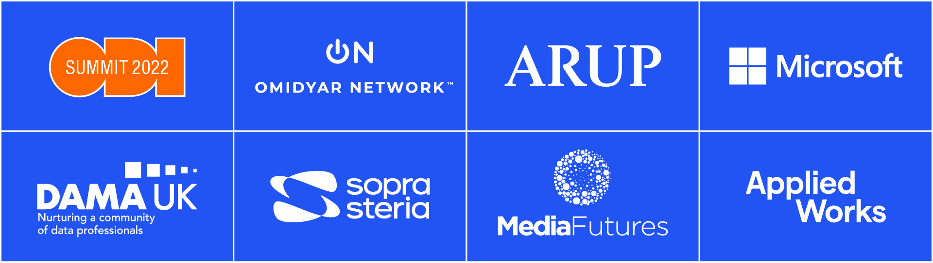 sponsor logos including Omidyar network, arup, microsoft, DAMA UK, sopra steria, media futures and Applied works