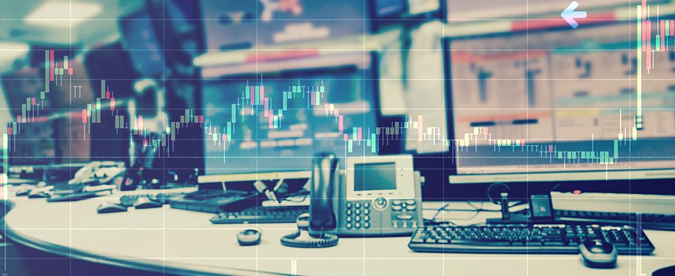 Double exposure of business stock trading room with computer and