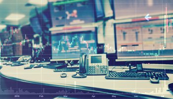 Double exposure of business stock trading room with computer and