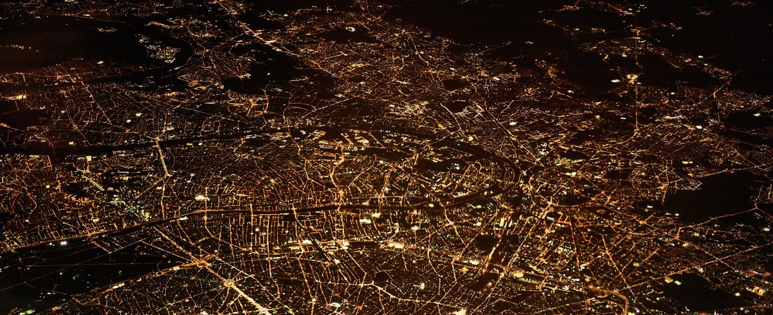 aerial view of roads and city lights