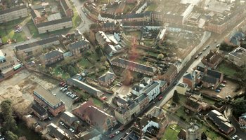 Aerial view of Long Street and Morris Lane, Devizes, Wiltshire c1991