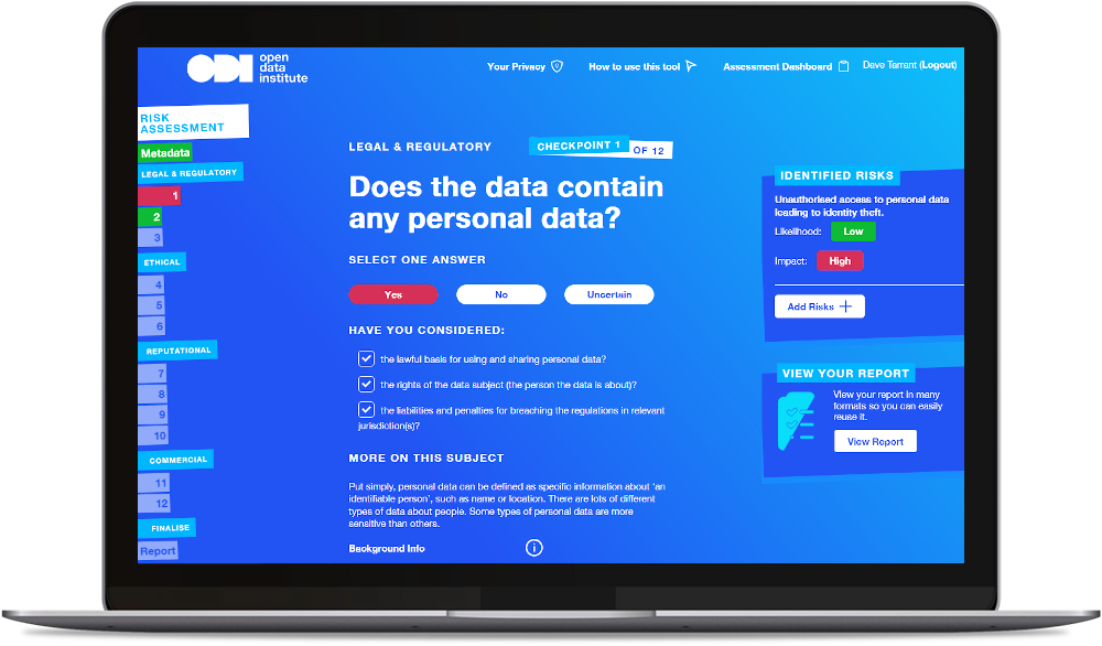 Screenshot of Data Sharing Risk Assessment tool shown on laptop screen