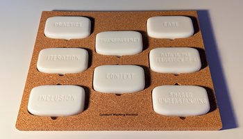 A cork board displaying six neatly arranged soap bars with different words or phrases written on them.