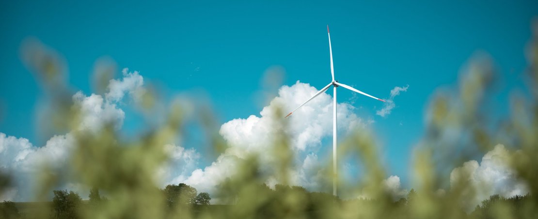 wind power plant, grass, clouds