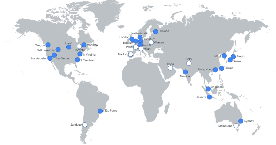map showing global data centers - shown as dots on map