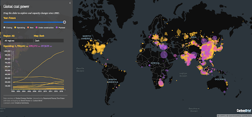 screenshot of Carbon Brief - interactive map to inform people of the reliance on coal energy around the world