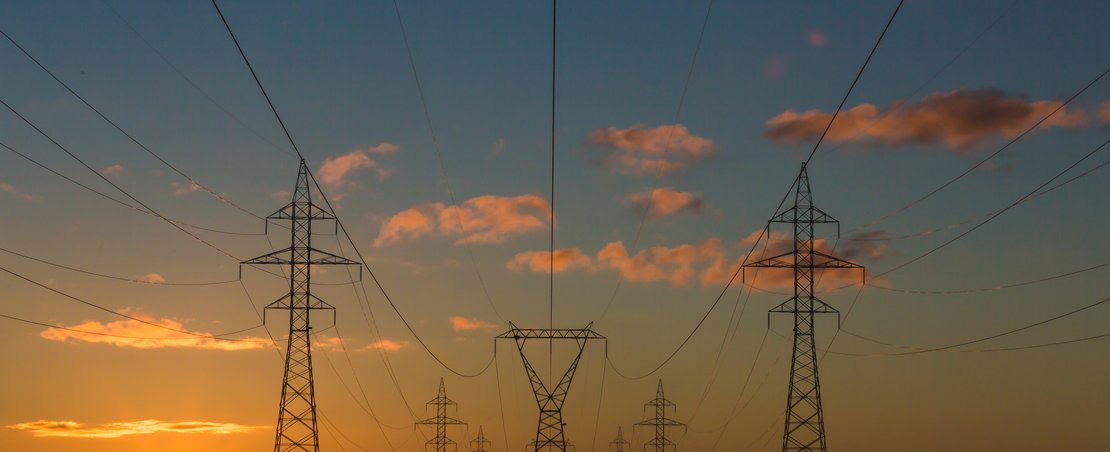 Pylons, sunset, electricity lines, energy
