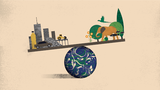 Illustration of seesaw on globe, with cities on one side, and nature on the other