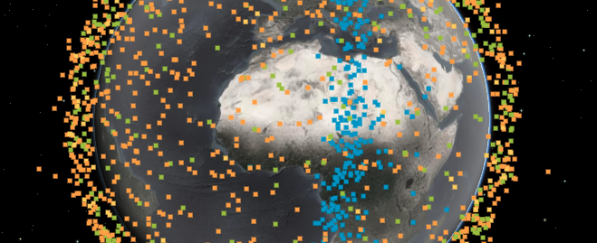space debris recorded from just three satellite incidents: blue = destruction of Cosmos 1408 satellite by Russian anti-satellite weapon; green and yellow = collision between Russian Cosmos 2251 and US Iridium 33 spacecrafts; orange = destruction of Fengyu